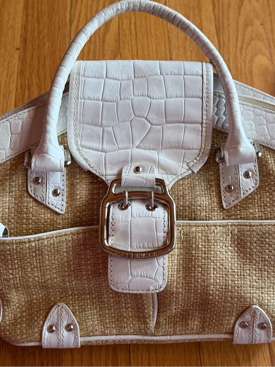 Cole Haan Handbags - Cole Haan White Croc-Embossed Trim Straw Tote with Silver Buckle